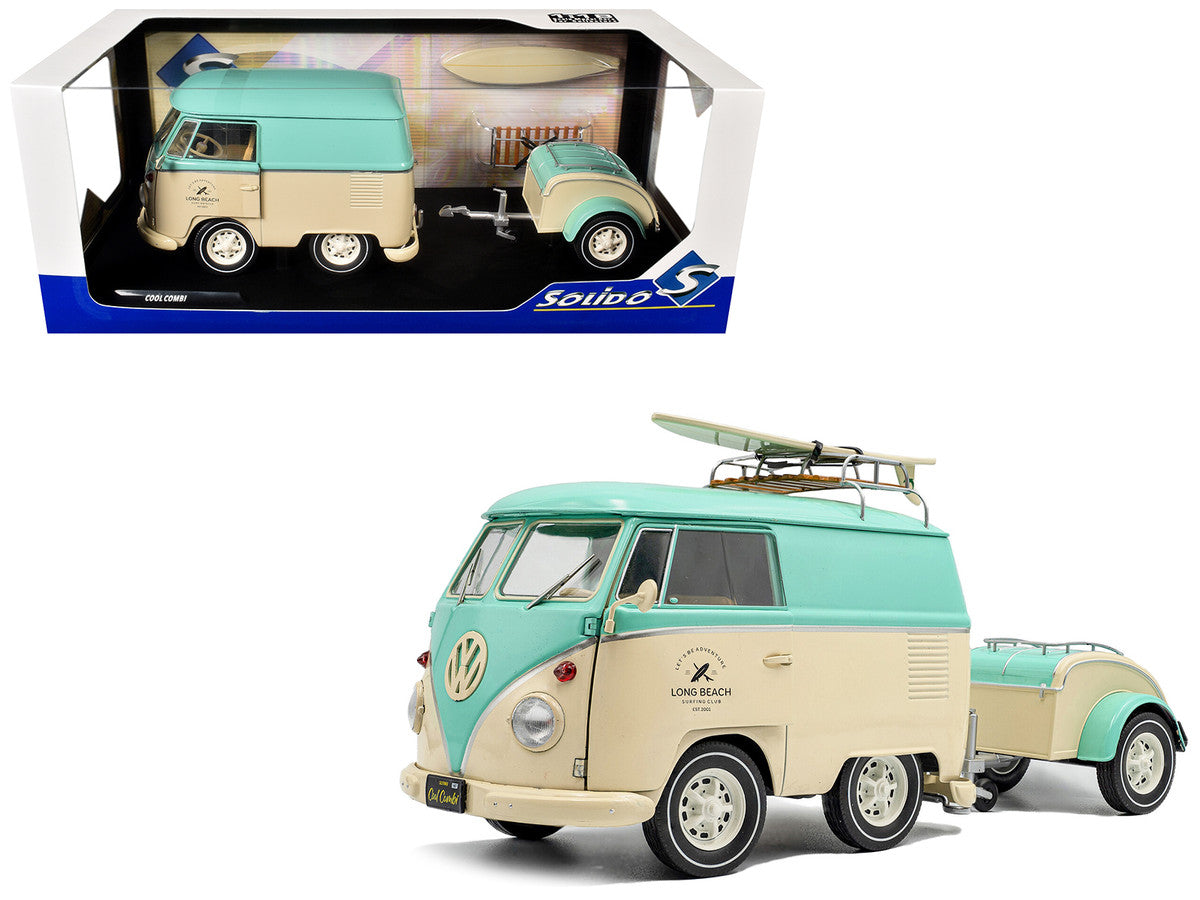 2024 Volkswagen Cool Combi Van with Trailer "Long Beach Surfing Club" Mint Green and Cream with Roof Rack and Surfboard 1/18 Diecast Model Car by Solido LuxuryLifeWay Online Store