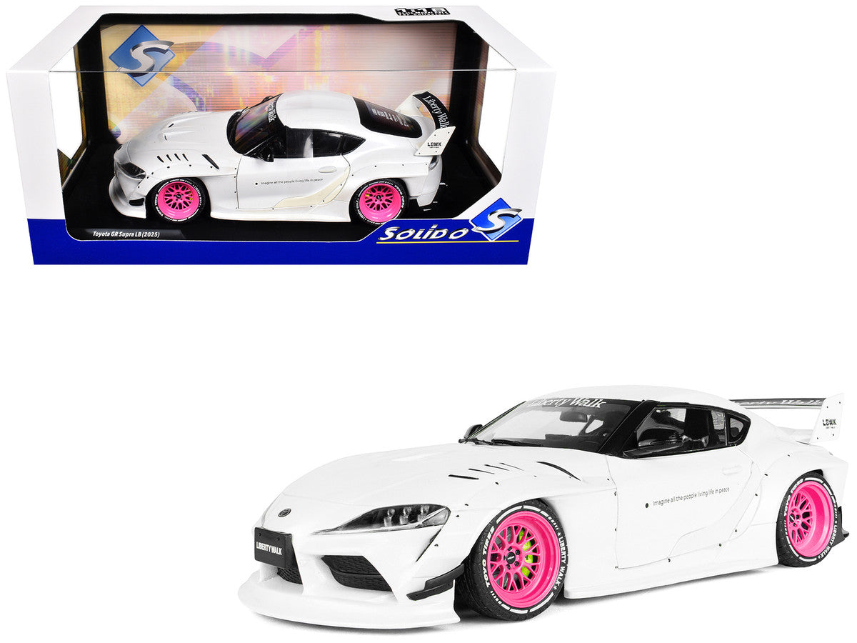 2025 Toyota GR Supra "Liberty Walk" Body Kit White Metallic with Pink Wheels 1/18 Diecast Model Car by Solido LuxuryLifeWay Online Store