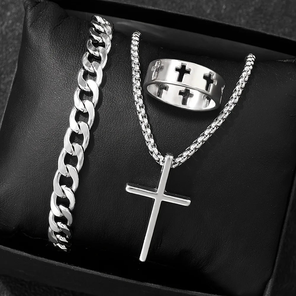 Cross-Style Accessories Set Bracelet Necklace Ring 3 Pieces Stainless Steel Elegant Suitable Both Men Women Fashionable Gift Set Pi-Mart