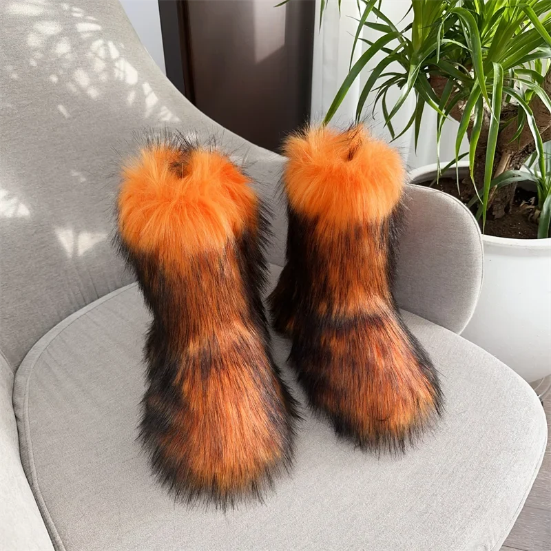 New Winter Fur Onepiece Raccoon Fur Female Snow Boots Fur Shoes Outdoor Mid Leg Boots LadyShow.Store