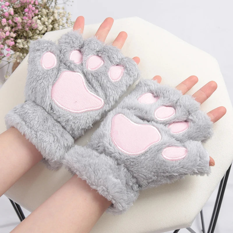 Women Cartoon Cat Claw Gloves Thickened Plush Lovely Style Bear Paw Exposed Fingers Half Winter Mittens Warm Girls Gift Gloves Pi-Mart