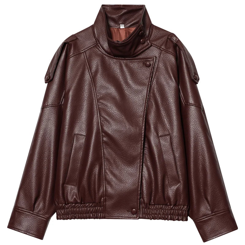HXAO Faux Leather Black Jackets For Woman New Arrival Cropped Oversize Bomber Jacket Zip-Up Long Sleeve Coats Motorcycle Jackets LadyShow.Store