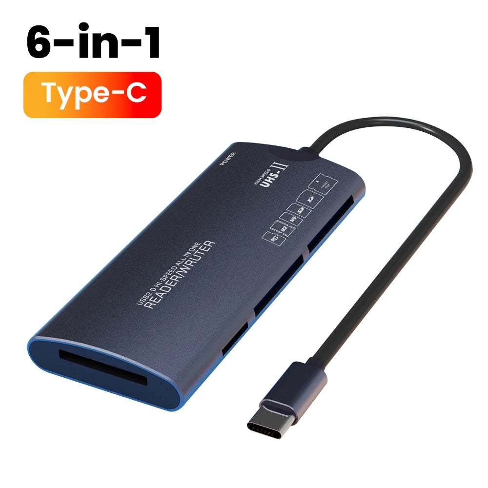 Elough 6 in 1 Card Reader SD TF XD CF M2 Memory Card Readers USB Adapter Type C High Speed Data Transfer Cardreader For Laptop Pi-Mart