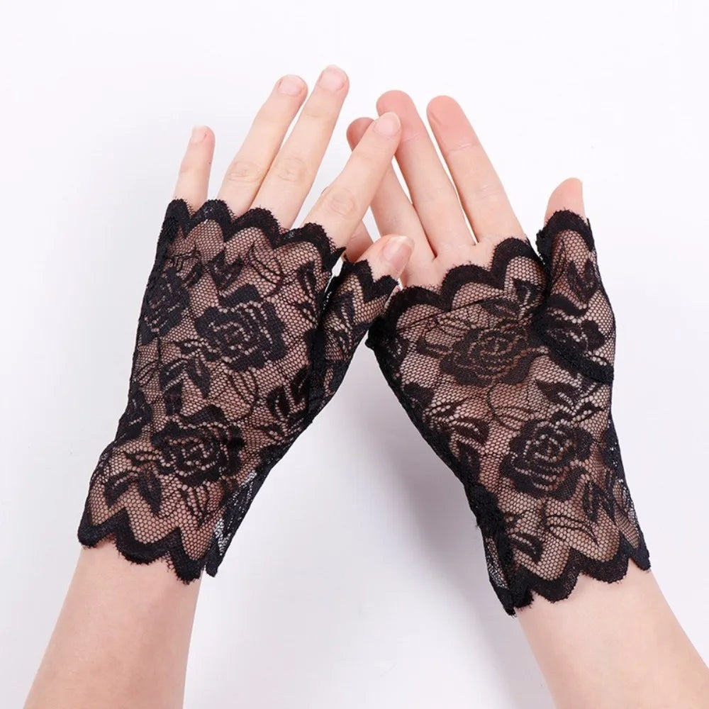 Women Short Lace Hollow-Out Fingerless Gloves Sun Protection Sleeves Mesh Thin Cycling Sexy Mittens Half Finger Handschoenen Pi-Mart