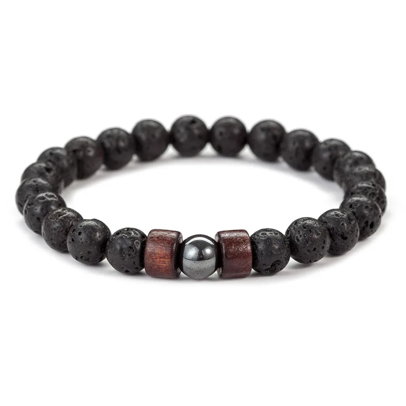 8mm Volcanic Stone Bracelet for Men Lava Wooden Beads Bracelet Tibetan Buddha Male Wrist Chain Jewelry Handmade Elastic Bracelet Pi-Mart