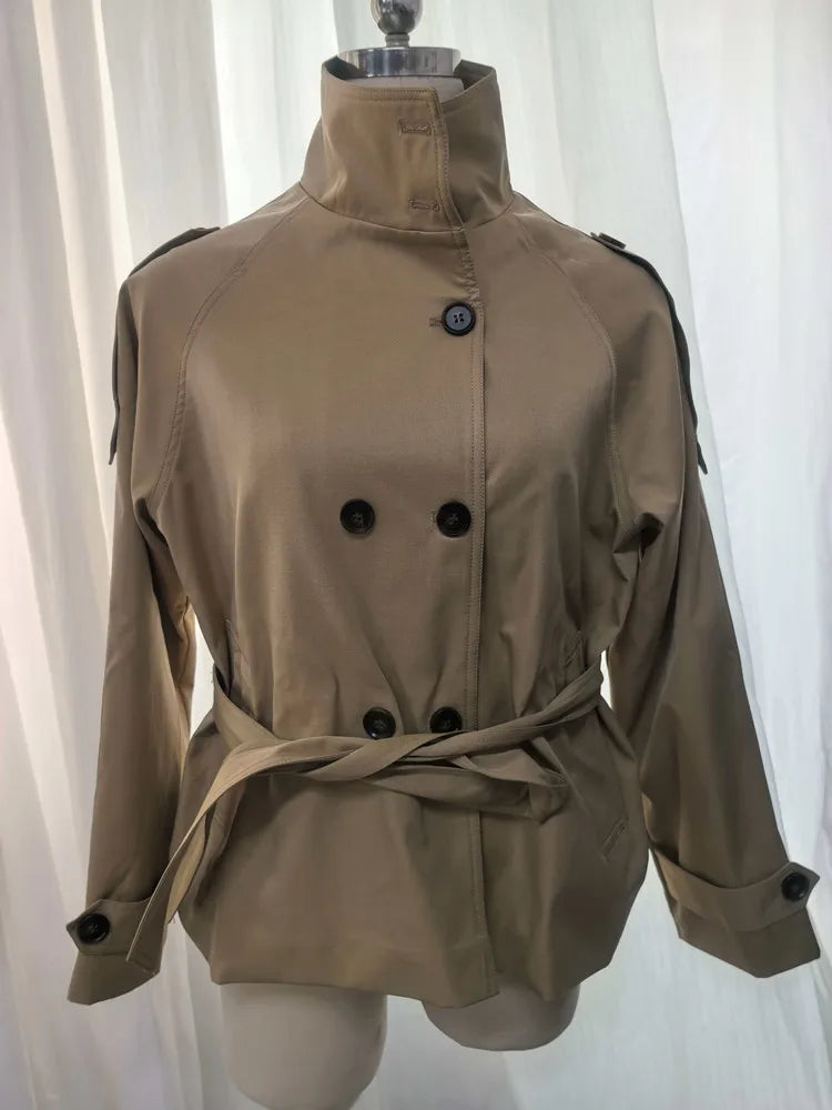 Belted Waist Cropped Trench Jackets Women Double Breasted Stand Collar Coats 2025 Autumn Chic Casual Vintage Jacket Women Cloth LadyShow.Store