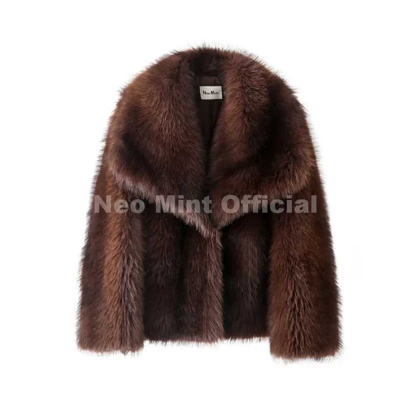 Neo Mint 2025 Winter Exclusive Striped Faux Fur Jacket Women Overcoat Brand Blogger Fashion Fluffy Fox Fur Collar Coat Outerwear LadyShow.Store