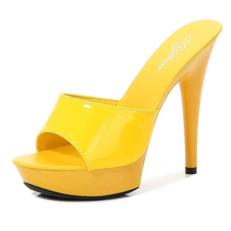 Womens Slippers Mule Patent Leather Sandals Sexy Fashion 13CM Slides Party Shoes for Woman Luxury Red Sandals Summer Comfortable LadyShow.Store