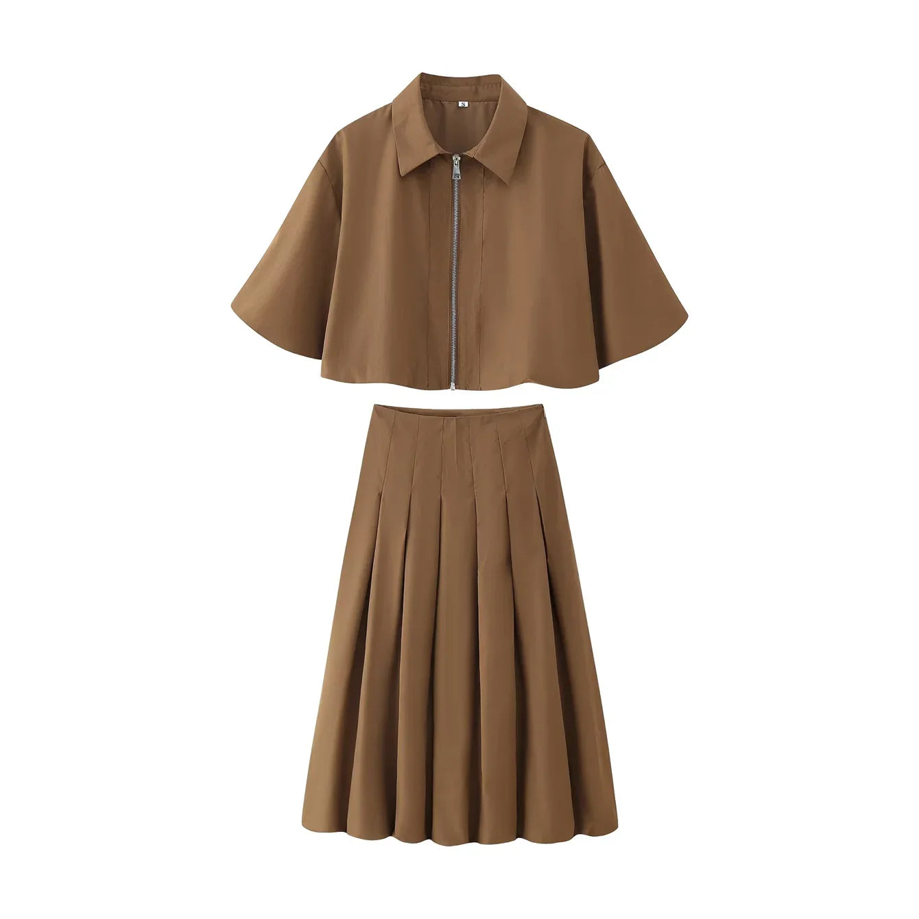 Women's Autumn New Short Zipper Jacket Short Sleeved Top High Waisted Pleated Lantern Flower Bud Half Skirt Set LadyShow.Store