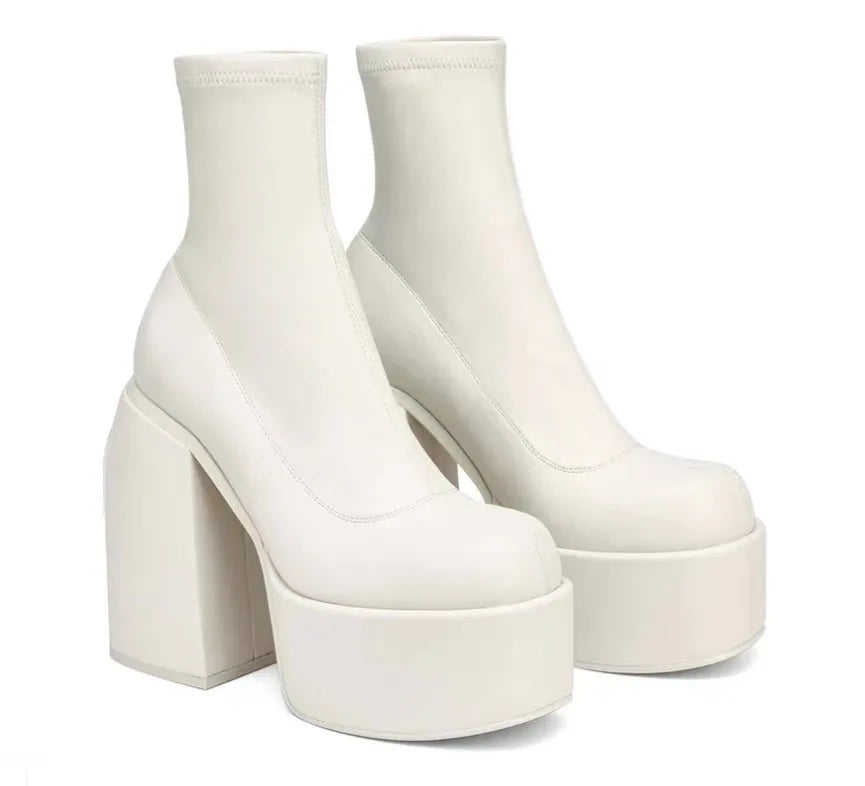 Women New Fashion Short Boots Women Sexy Leather Boot Square toe casual Zipper high heels Casual thick soled women shoes Zapatos Pi-Mart