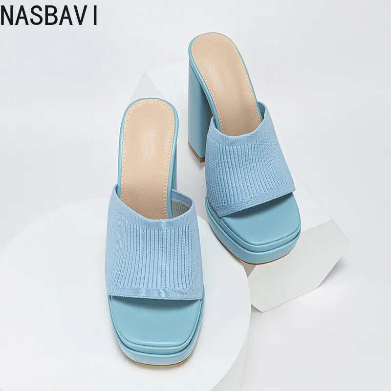 NASBAVI Cosy Stretch Fabric Knitted Chunky High Heels Women Slipper Fashion Platform Open Toe Wedding Party Ladies Shoes LadyShow.Store