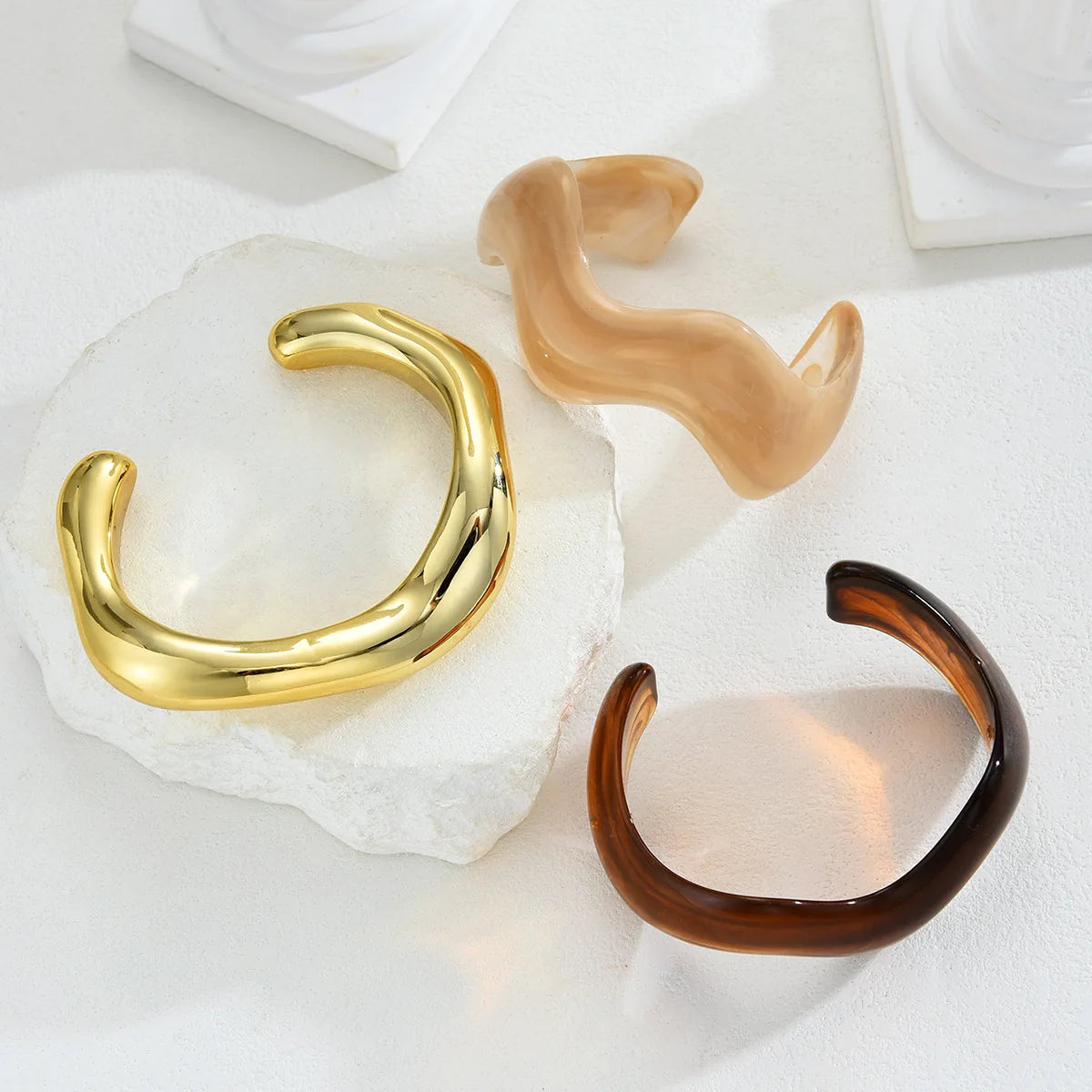 3Pcs Irregular Wavy Cuff Bangle Set For Women Resin Chunky Wave Bracelets Minimalist Stackable Wristband Trendy Jewelry Gift New Pi-Mart