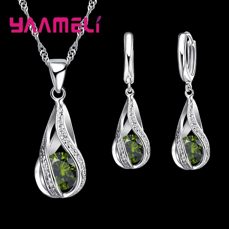 Hot Water Drop CZ 925 Sterling Silver Plated Jewelry Set For Women Pendant Necklace Hoop Earrings Wedding Party Ceremoey Anel Pi-Mart