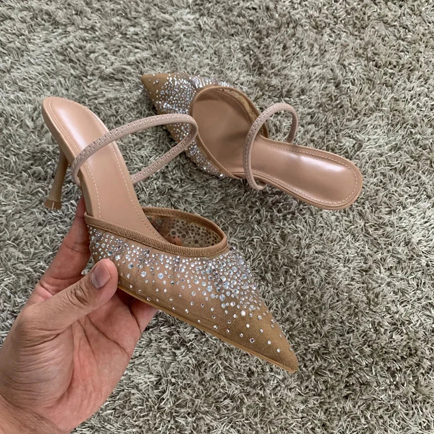 New Summer Women's Sandals Rhinestone Bright Mesh High Heels Footwear Elegant Slingback Pointed Slip on Party Lady Pumps Shoes LadyShow.Store