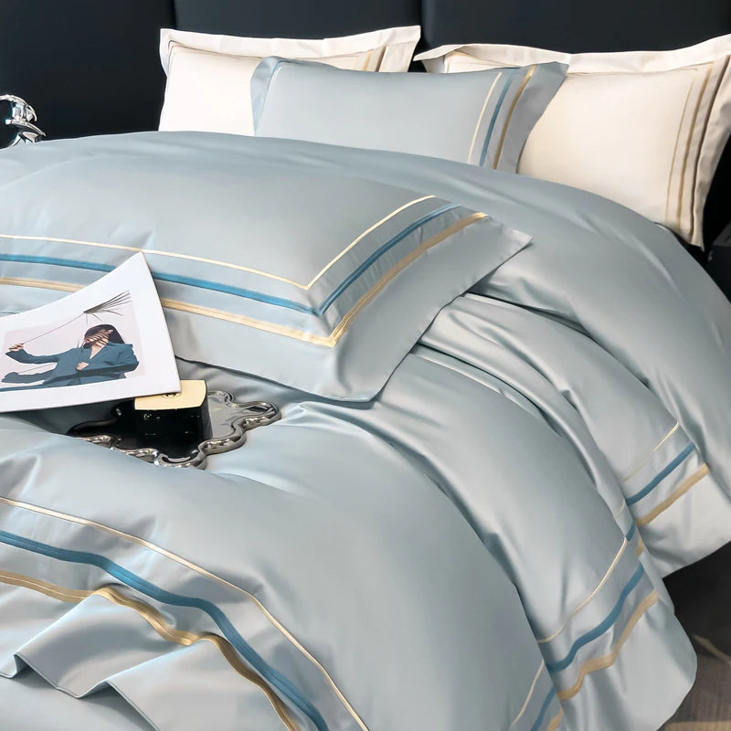 Hotel Style Bedding Set Luxury Golden Embroidery Duvet Cover Grey Egyptian Cotton Bed Sheets Pillowcases Solid Color Bedclothes Pi-Mart
