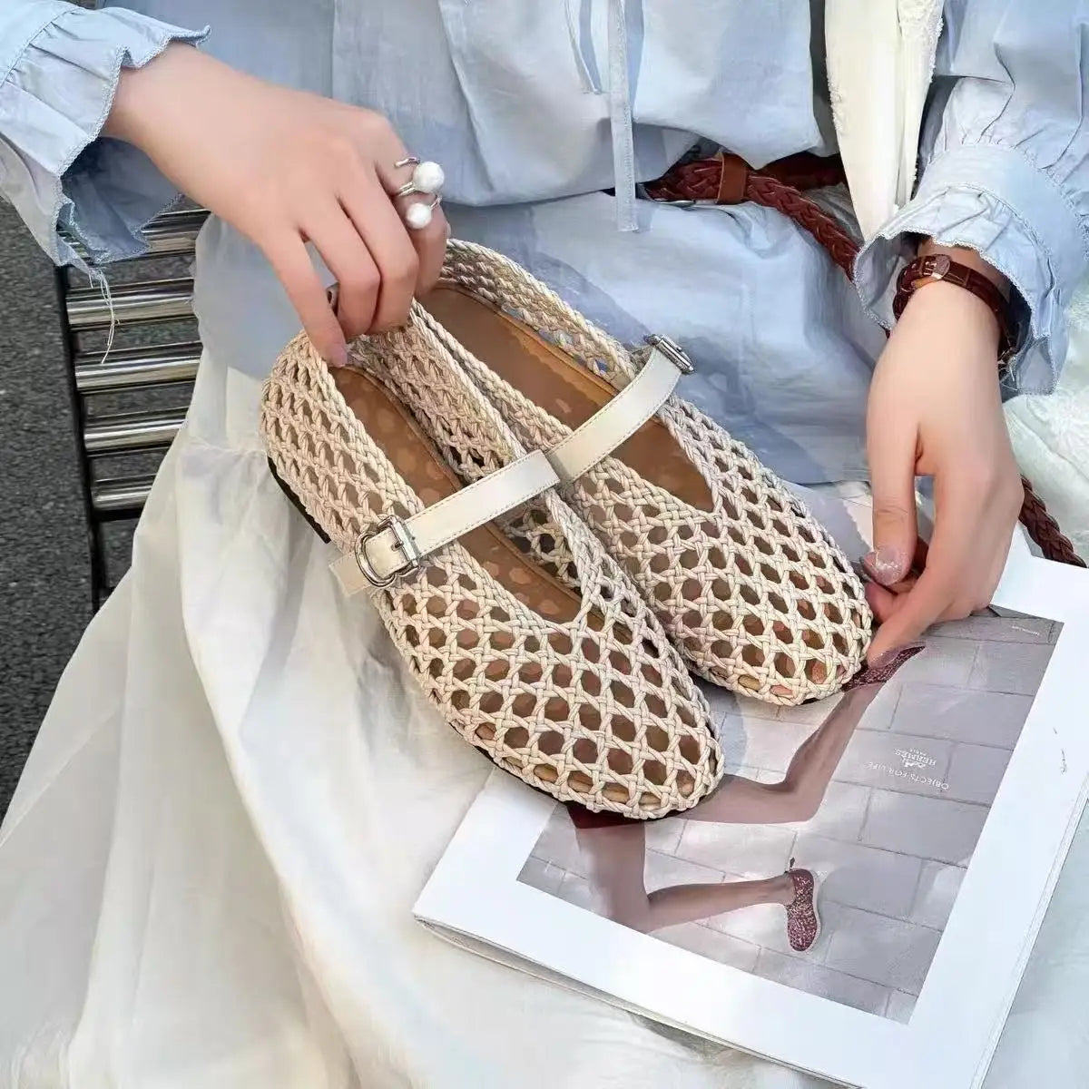 2026 Summer New Fashion Simple One-Buckle Vintage Flats for Women, Soft and Comfortable Ballet Shoes, Shallow Mouth Sandals Pi-Mart
