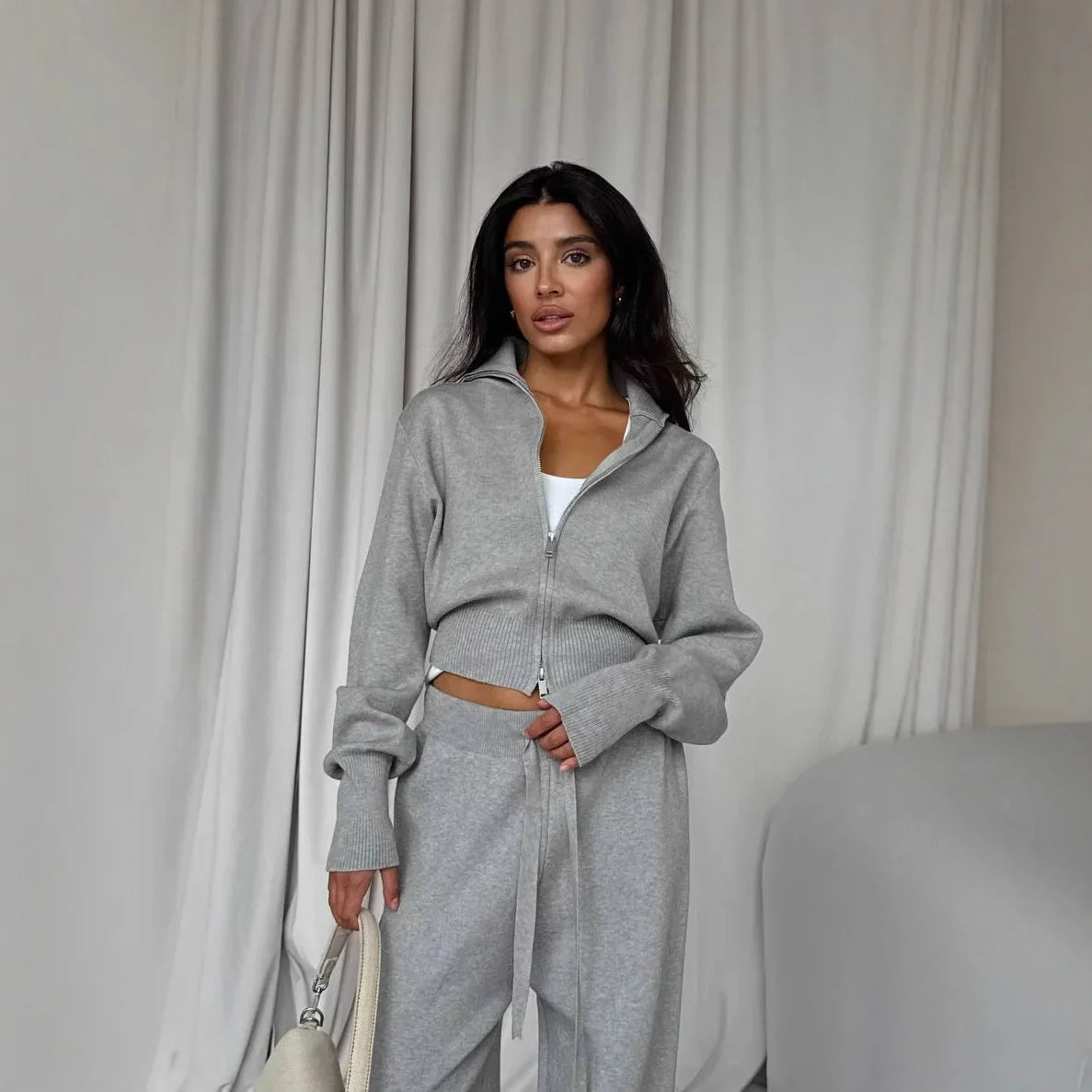 Women Cotton Knitted Cardigan Wide Leg Pants Suit Autumn and Winter Lady Fashion Loose Daily Office Jacket Straight Pants 2Pcs LadyShow.Store