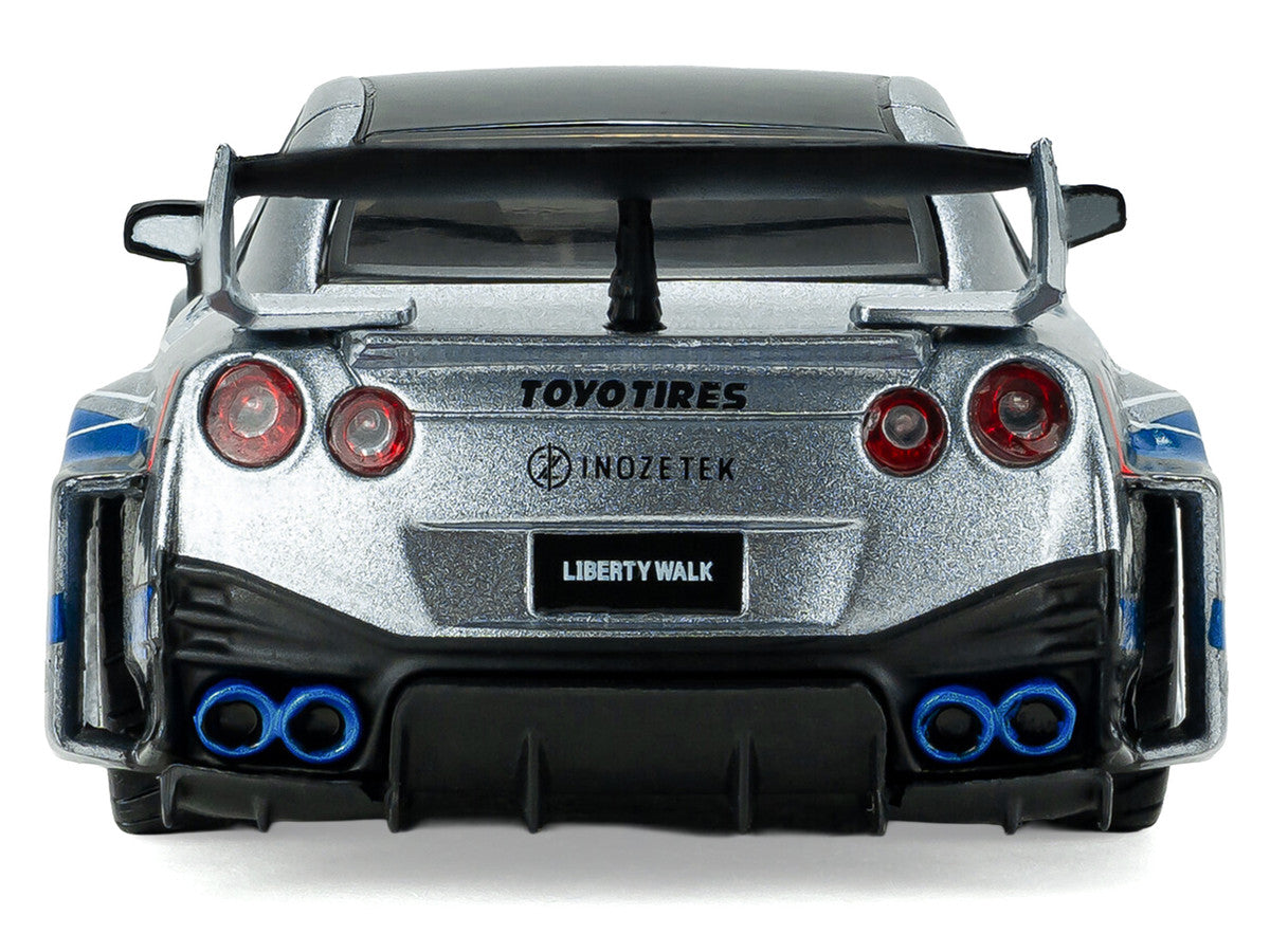 2020 Nissan GT-R (R35) Liberty Walk Silhouette RHD (Right Hand Drive) Silver Metallic with Black Top and Blue Graphics 1/43 Diecast Model Car by Solido LuxuryLifeWay Online Store
