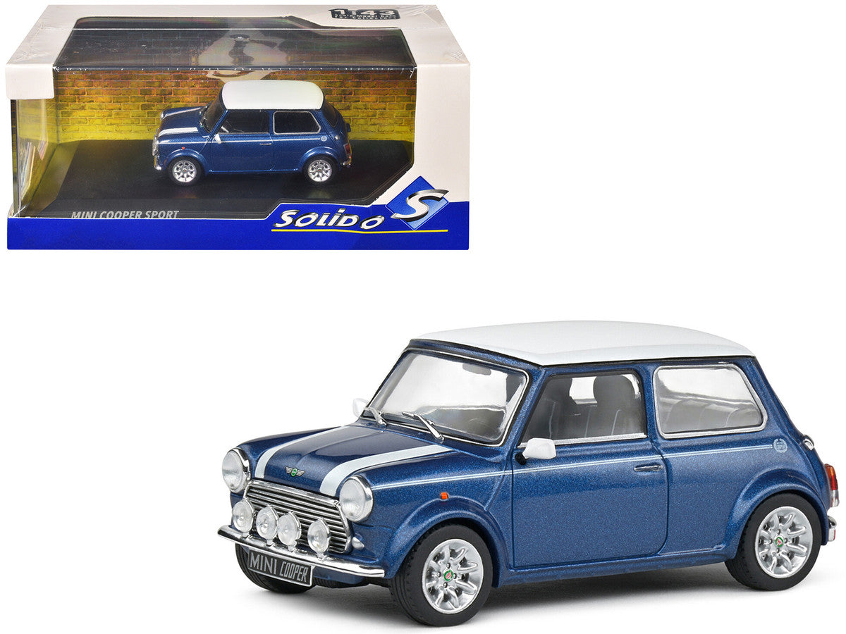 1994 Mini Cooper Sport Tahiti Blue Metallic with White Top and Stripes 1/43 Diecast Model Car by Solido LuxuryLifeWay Online Store