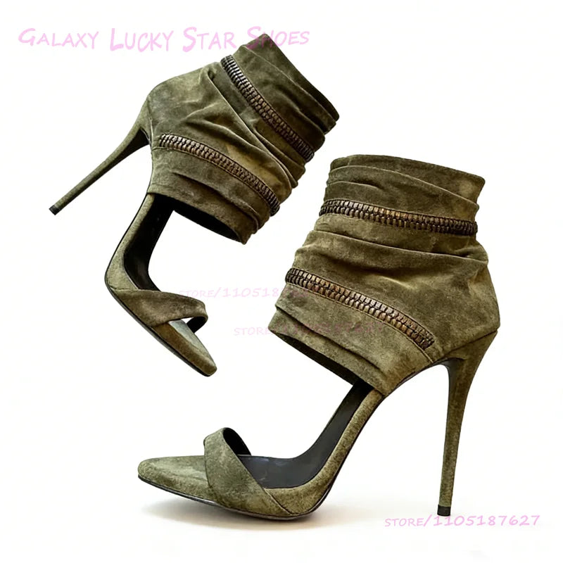 Dark Emerald Green Suede Ankle Wrap Sandals Women Open Stiletto Heel Round Toe Hot Chick Heels Metal Zip Cool Street Style Shoes LadyShow.Store