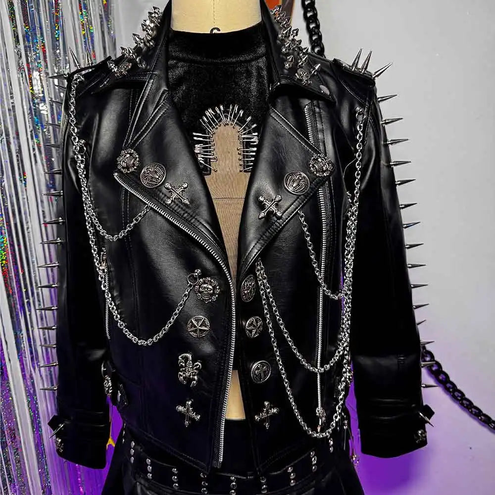 Gothic E-Girls Skull PU Leather Jacket Y2K Trendy Punk Rock Harajuku Chain Cross Street Wear Digital Glitch Core Club Goth Pi-Mart