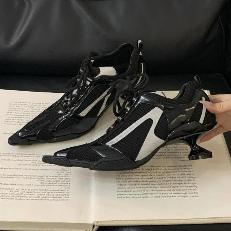 Silver Lace-up Sports Heels Women Fashions Pointed Toe Strange Style Mesh Sneakers Elegant Punk Shoes Female Luxury Brands Pumps LadyShow.Store