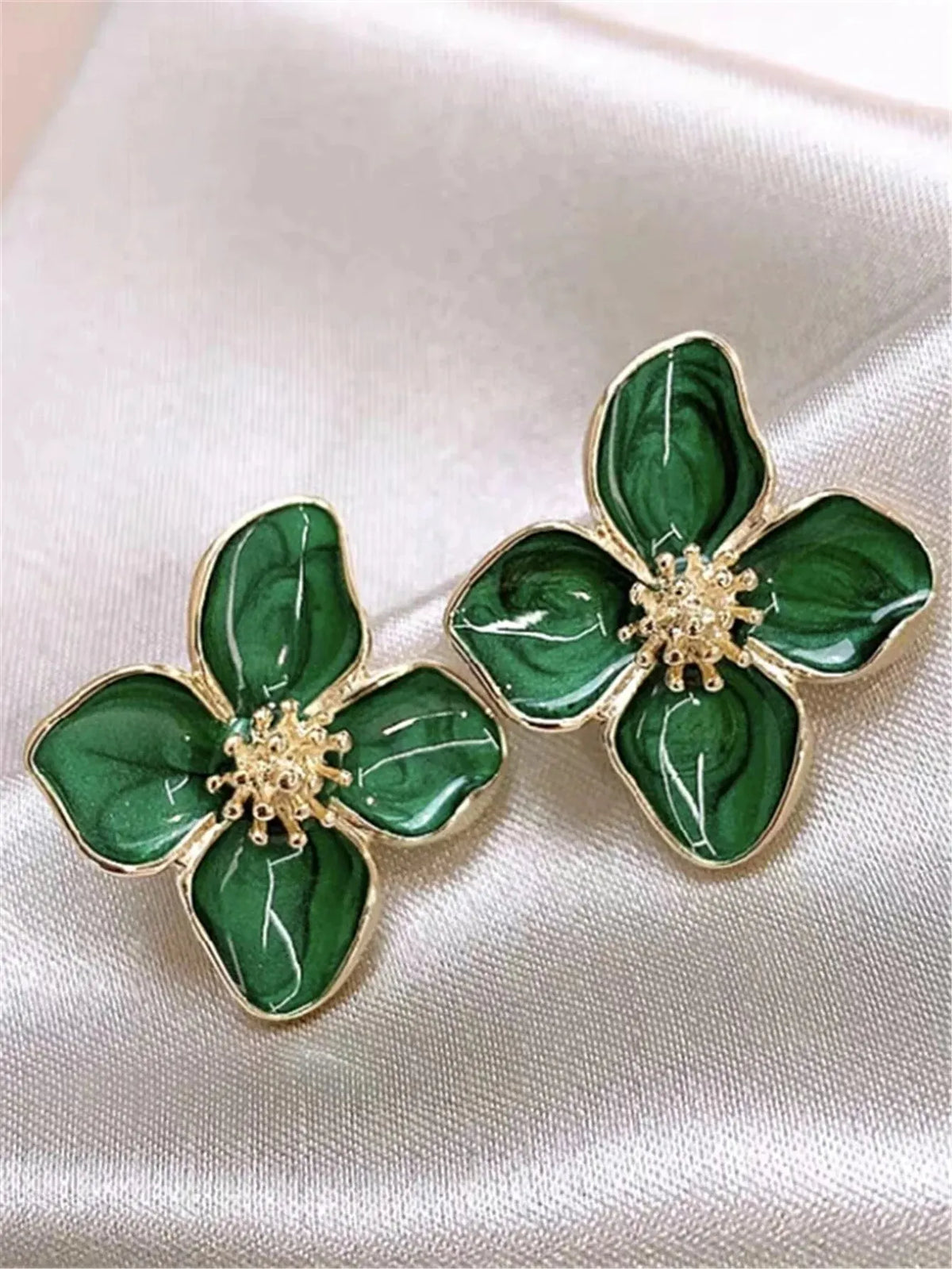 Gold Color Metal Flower Shape Green Epoxy Earrings Stud For Women Milky Color Enamel Girl Cute Post Earrings Ins Fashion Jewelry Pi-Mart