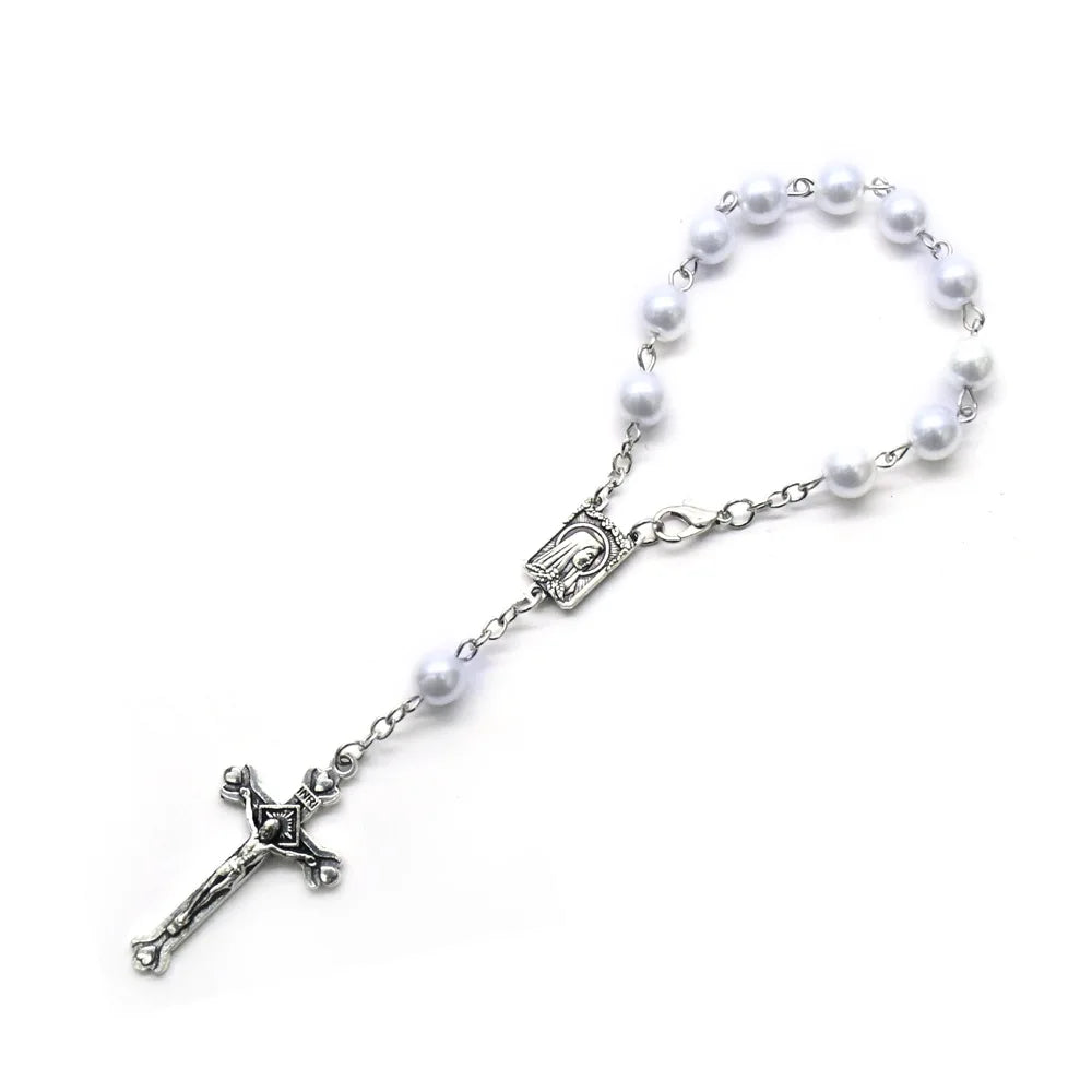 QIGO Car Rosary One Decade Imitation Pearl Glass Beads Cross Pendant Bracelets For Men Women Pi-Mart