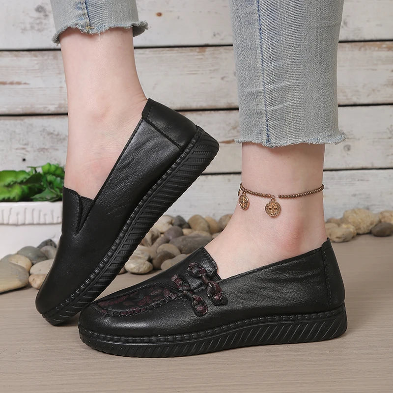 Women's Leather Flat Shoes, Spring and Autumn Women's Loafers, Single Classic Mom Shoes, Anti-Slip Comfortable and Free Shipping Pi-Mart