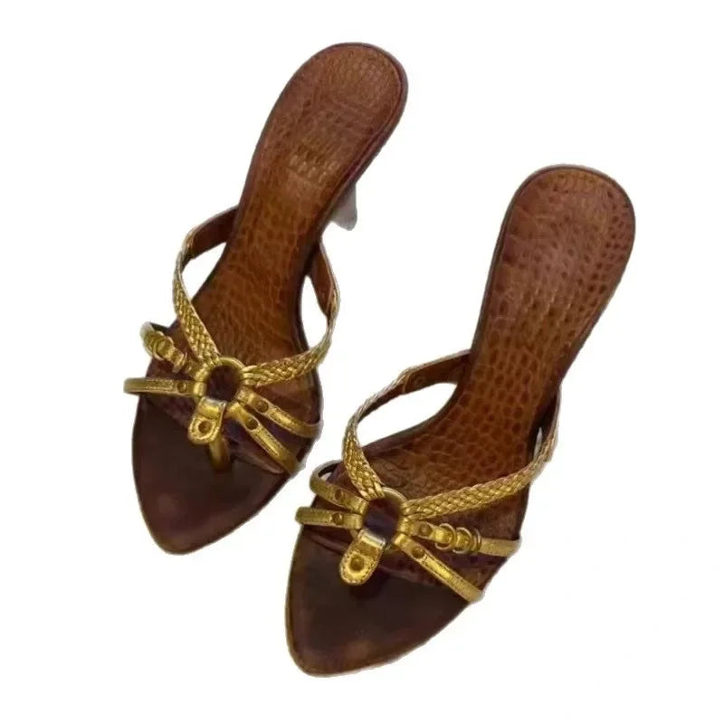 Women's Open-Toe Woven Cross Band Sandals Summer 2026 New Outdoor Wear Middle-aged Vintage Thin Heel Pointed Toe High Heels LadyShow.Store