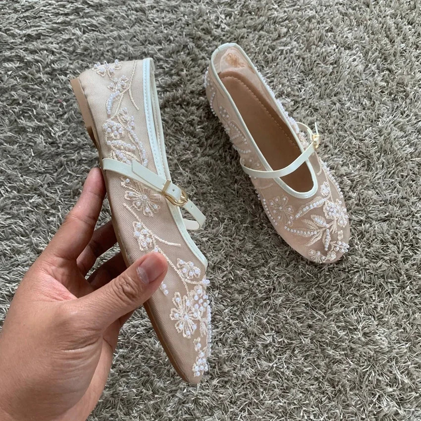 Mesh Embroidery String Bead Design Women Ballet Flats Fashion Buckle Breathable Mary Jane Shoe Comfort Low Heel Soft Flat Sandal LadyShow.Store