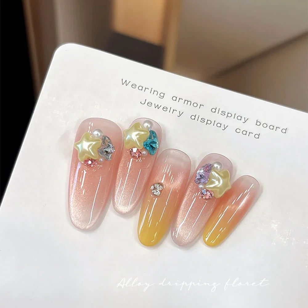 100PCS 2PACKS Macaron Star Heart 3D Pearlescent Pearl Rhinestone Nail Charms Mixed Color 6.5*10mm for Manicure DIY Love Heart Pi-Mart