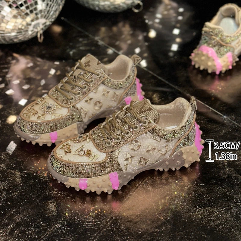 Luxury Designer Women's Sneakers Fashion Luxury Rhinestone Ladies Shoes 2026 New Outdoor Platform Female Sports Shoes Vulcanize Pi-Mart
