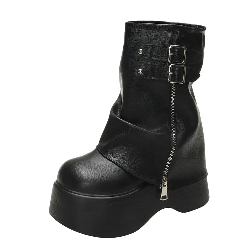 Soft Leather Ankle Mid Calf Boots Winter Autumn High Platform Wedge British Booties Woman New Ladies Chunky Motorcycle Boots 9CM LadyShow.Store
