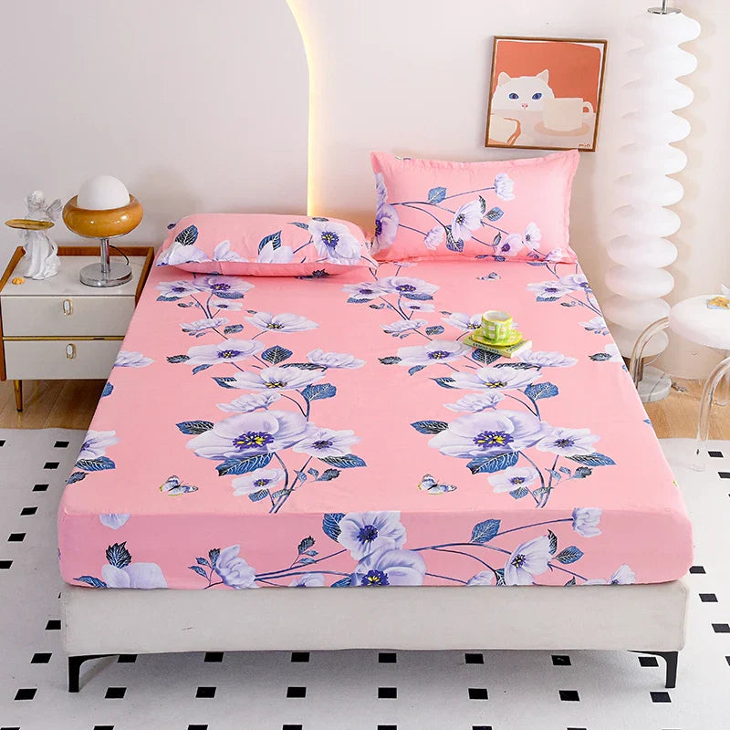 Red Flower Printed Bed Sheet Sets Queen/King Size sabanas cama matrimonial Reactive Printed Fitted Bedsheets for Double Bed LadyShow.Store