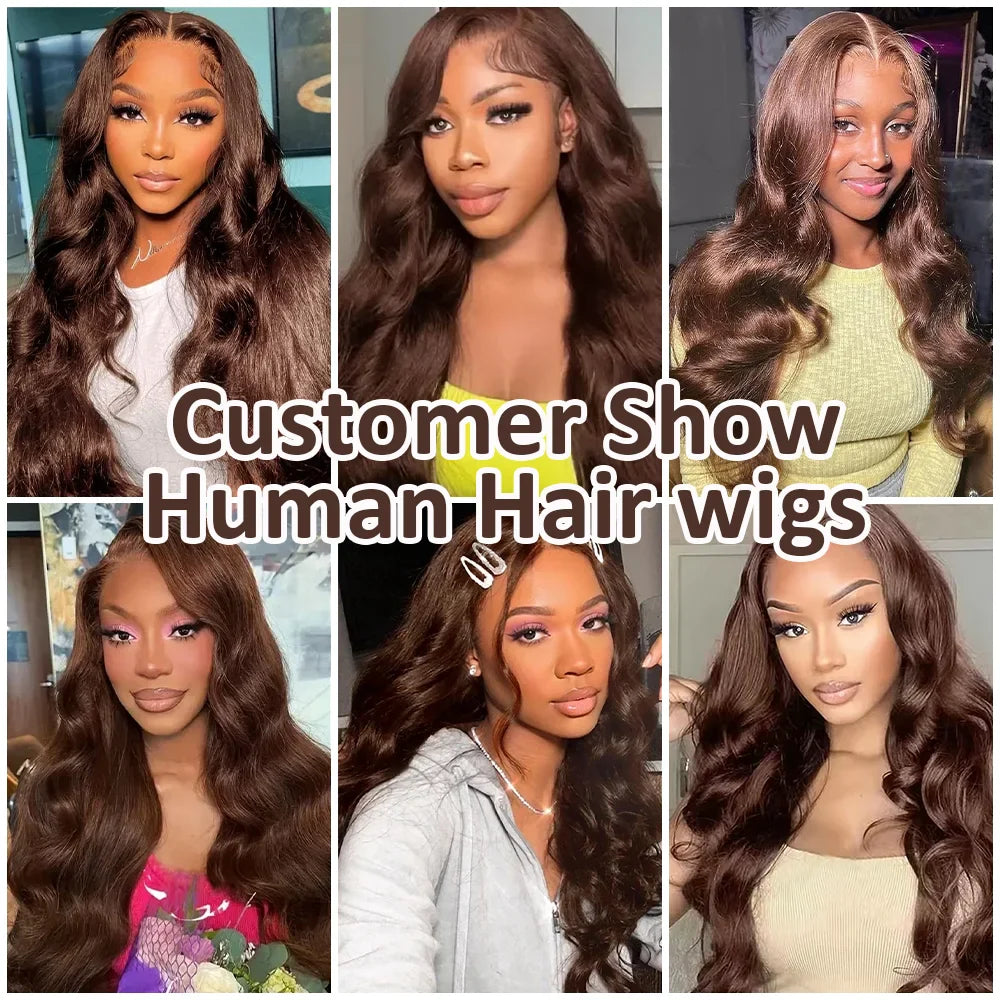 Body Wave Chocolate Brown 13x6 HD Lace Front Human Hair Wigs 200 Density HD Lace Frontal Wigs For Women Wigs Pre Plucked Hair LadyShow.Store