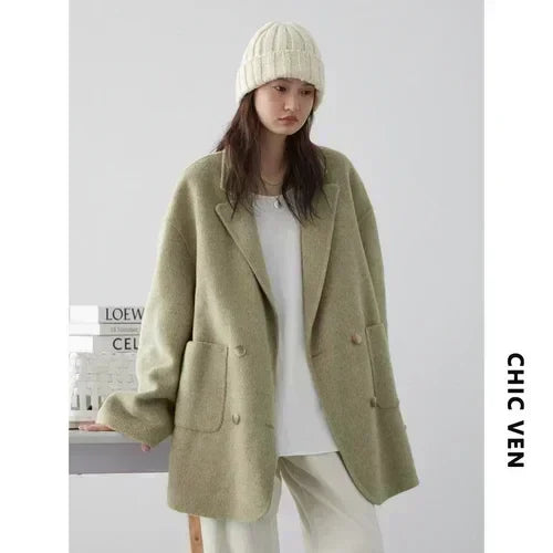 CHIC VEN Women's Woolen Coats Fashion Solid Loose Warm Jackets Korean Casual Office Lady Female Clothing Spring Autumn New 2026 LadyShow.Store