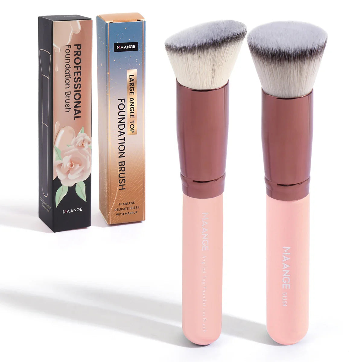 MAANGE 2PCS Foundation Makeup Brush Set Flat Angled Kabuki Powder Blush Brush For Liquid Soft Bristles Cosmetic Makeup Tools Tri Light Beauty