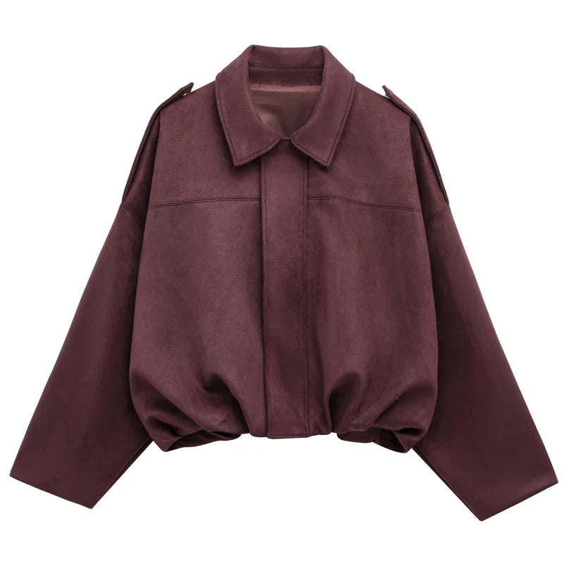HXAO Women's Bomber Jacket Lapel Long Sleeve Zipper Suede Jacket Women 2025 High Street Cropped Racing Jackets Coats Outerwears LadyShow.Store