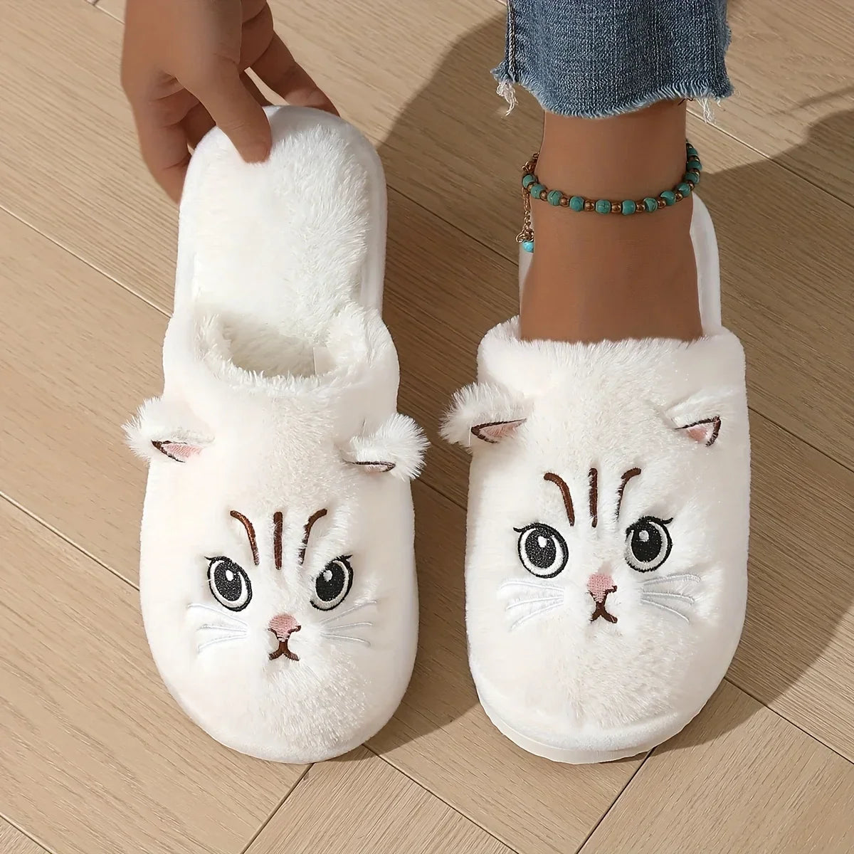 Womens Plush Cat Slippers Winter Warm Cozy Indoor House Shoes Soft EVA Sole Non-Slip Design LadyShow.Store