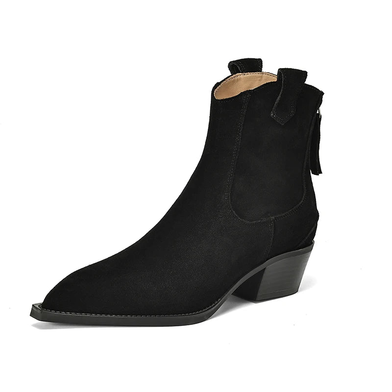 New 2025 Trend Autumn Winter Cow Suede Women Western Boots Black Brown Khaki Purple Green Burgundy Pointed Toe Lady Ankle Boots Pi-Mart