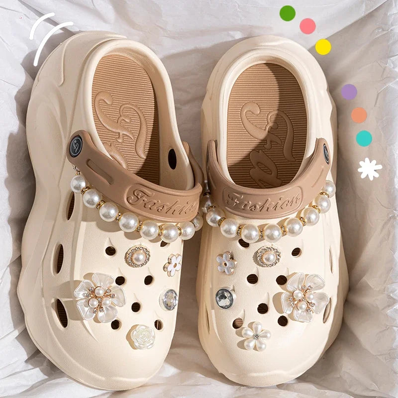 Summer Fashion Pearl Chain DIY Clogs Women 2025 Chunky Platform Slip On Sandals Women Thick Bottom EVA Slippers Shoes Woman Heel LadyShow.Store