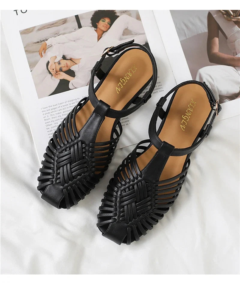 ZAROY Summer Women Gladiator Sandals Flat Ankle Strap Narrow Band Roman Shoes Casual Beach Vacation Hollow Out Big Size Sandalia LadyShow.Store