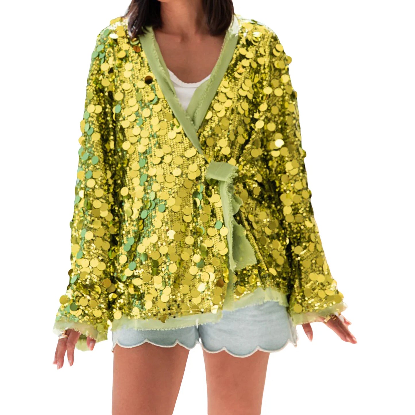 Shiny Sequin Cardigan for Women Trendy V Neck Front Wrap Tie Long Sleeve Coat Ladies Fashionable Sparkling Pullover Tops Punk LadyShow.Store