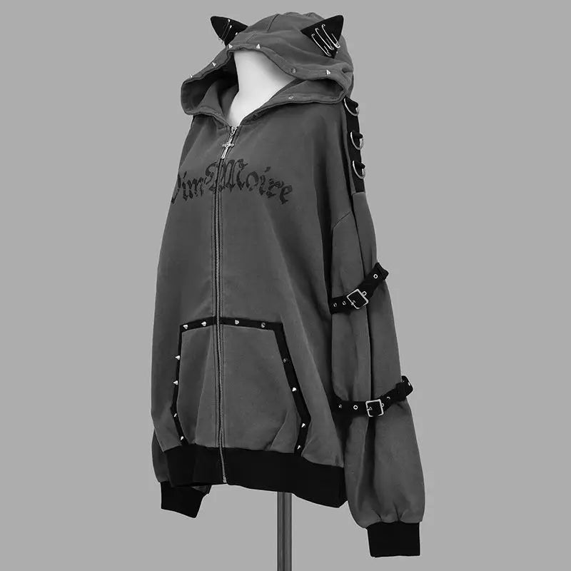 Streetwear Harajuku Hoodies Jackets Women's Clothing Hooded Punk Zipper Coat Japanese Rivet Print Fashion Casual Y2k Sweatshirts LadyShow.Store
