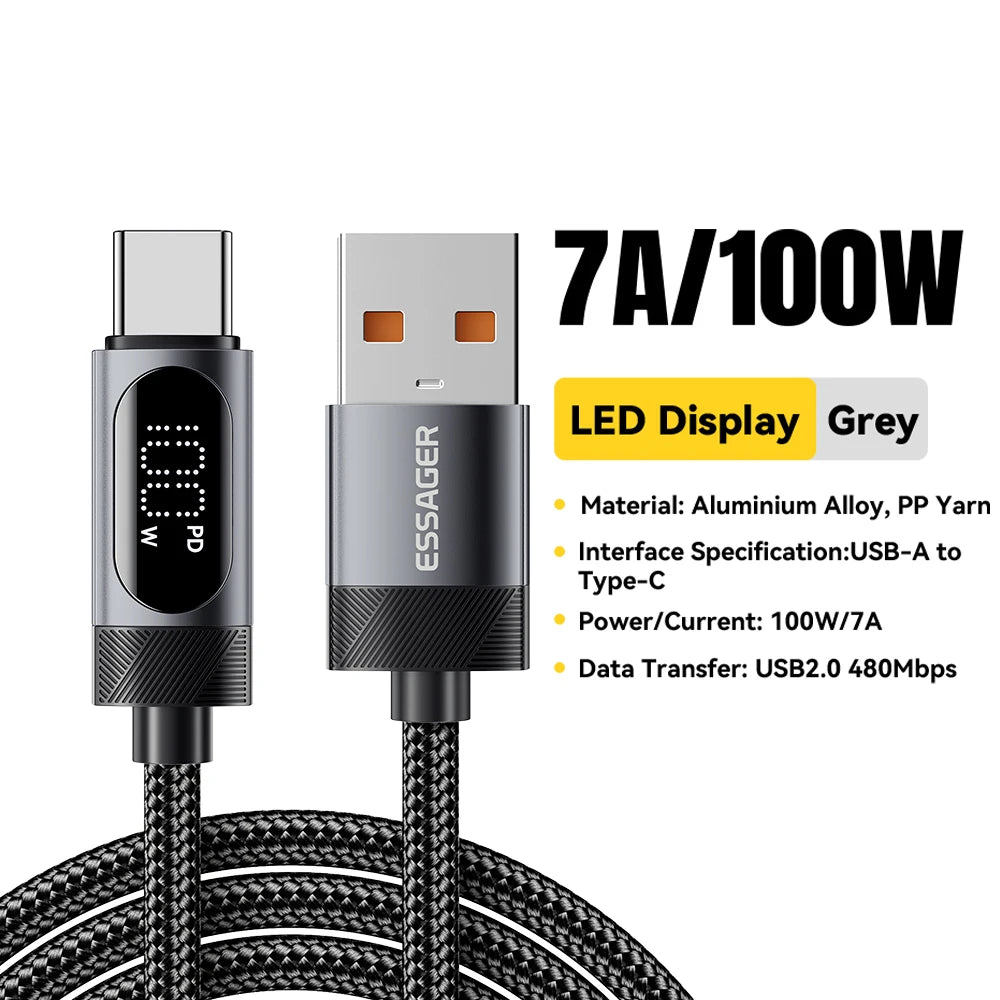 Essager Digital Dispaly USB C Cable For iPhone 17 16 15 Xiaomi Huawei 100W PD Fast Charging For Macbook iPad Type C to C Cable Pi-Mart