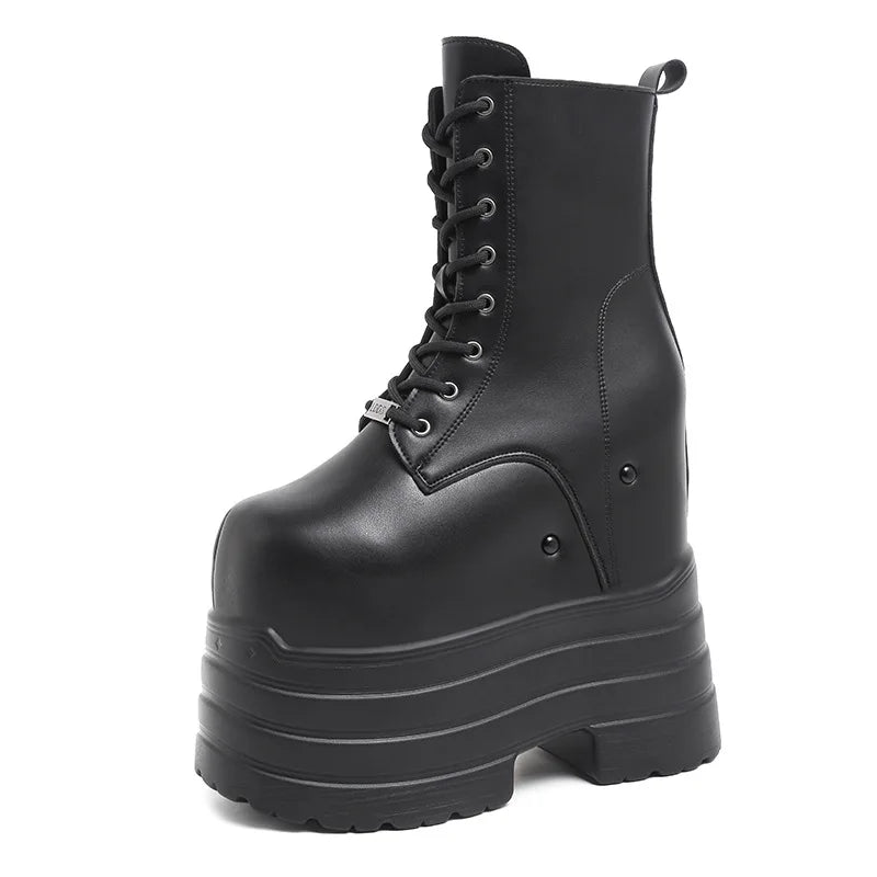 Height Increasing Women's High Boots Black Leather Thick Bottom Platform Shoes Side Zip Gothic Punk Short Boots Street Style LadyShow.Store