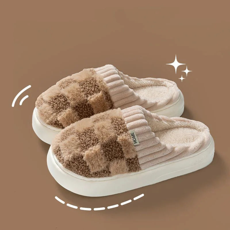 Fashion Couple Winter Slides Warm Plaid Fluffy Slippers Soft Sole Flip Flops For Women And Men Home Indoor Non-slip Cotton Shoes Pi-Mart