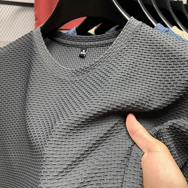 Men's Short Sleeve Mesh Bamboo Ice Silk T-shirt Casual Versatile Summer Elastic Slimming Top for Men Pi-Mart