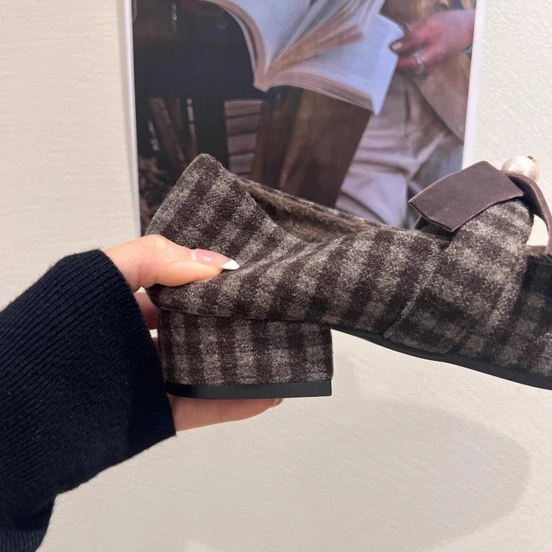 Elegant Chunky Heel Mary Jane Shoe for Women Bowknot Pearls Decoration Plaid Print Design Autumn Pumps Fashion Party Dress Heels LadyShow.Store